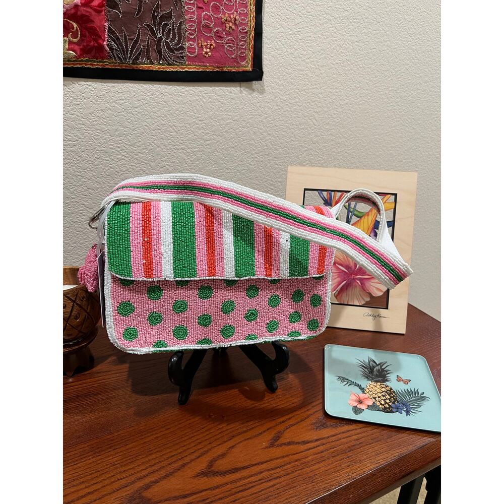 NWT Handcrafted India Beaded Purse Pink Green Striped Artsy Charm Shoulder Bag - Picture 14 of 16